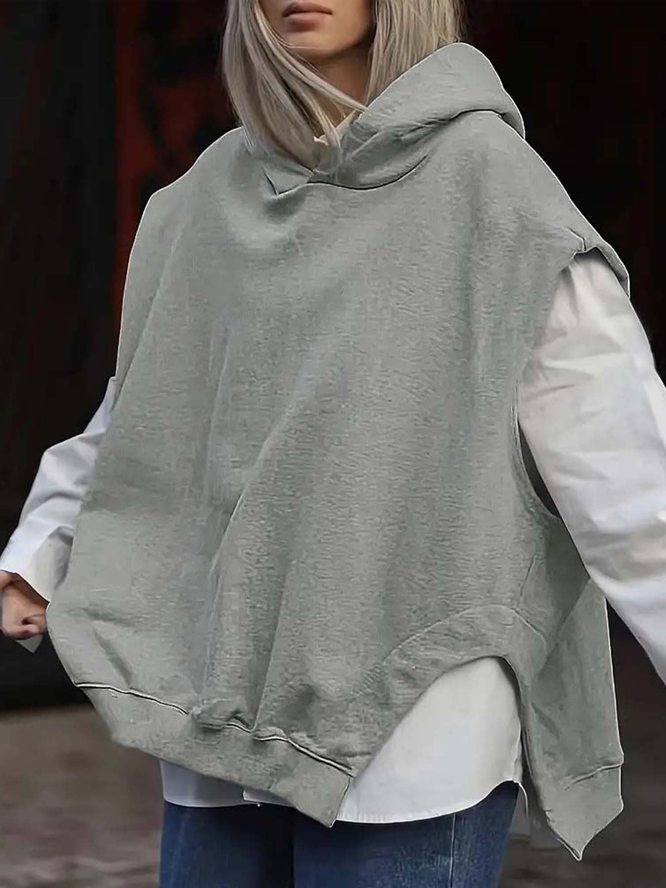 Women's Solid Color Style Loose Sleeveless Hooded Jacket Sweater