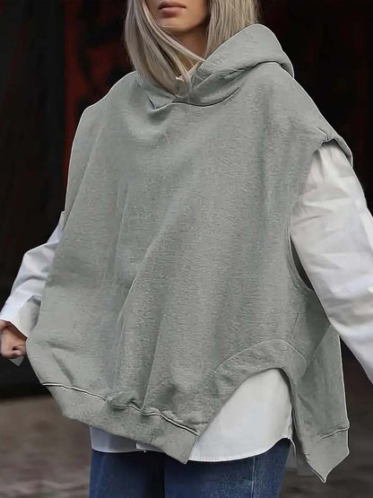 Women's Solid Color Style Loose Sleeveless Hooded Jacket Sweater