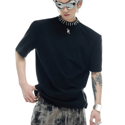 Modal Rhinestone Pearl Collar Stitching Design Short Sleeve