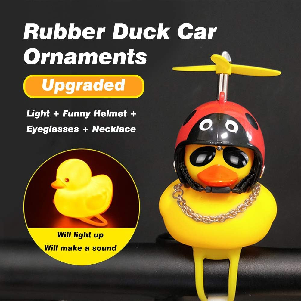 Rubber Duck Car Ornaments, 2Pcs Yellow Duck Car Dashboard Decorations Squeeze Duck Bicycle Horns with Propeller Helmet