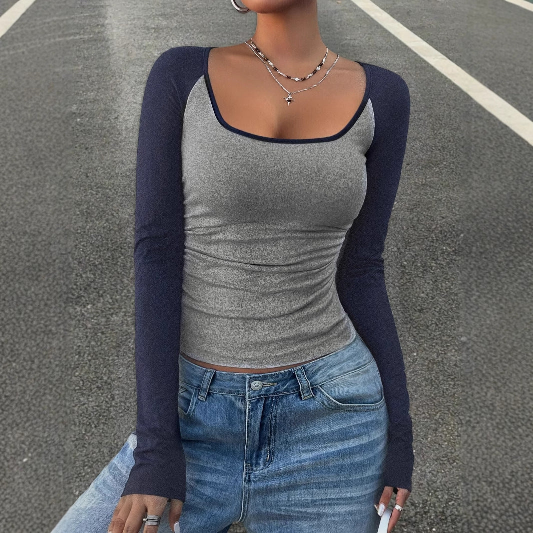 Women's Casual Color Matching Square Collar Long Sleeve T-shirt Spring And Autumn Women's Top