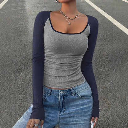 Women's Casual Color Matching Square Collar Long Sleeve T-shirt Spring And Autumn Women's Top