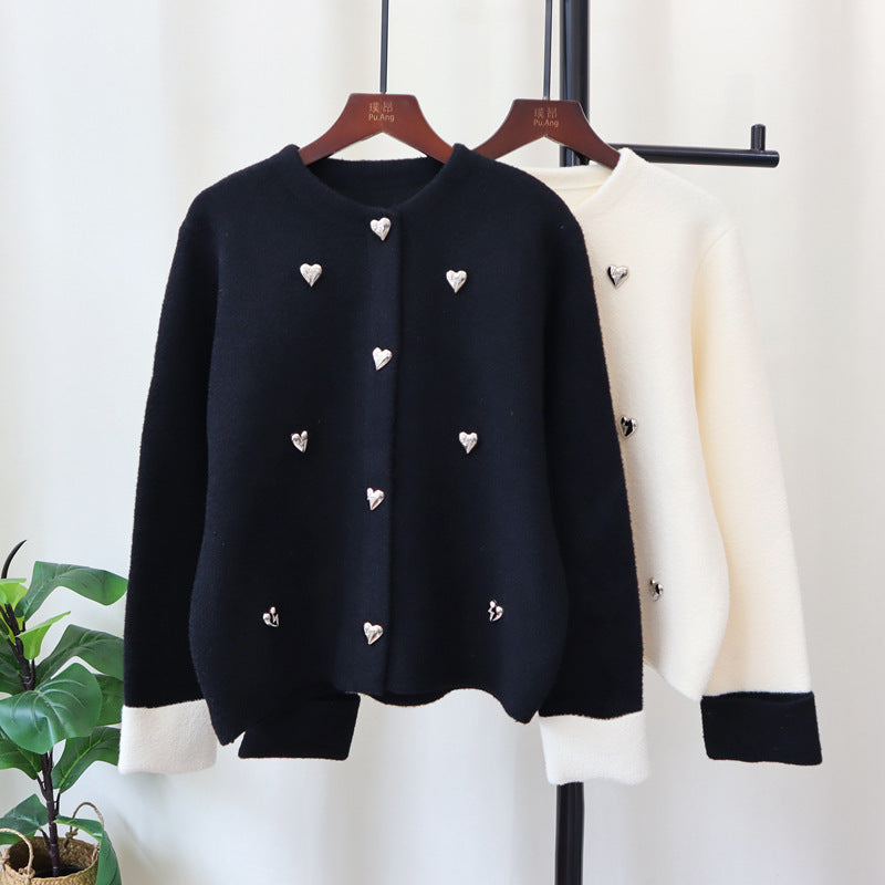 Love Contrast Color Design Knitted Double-faced Woolen Goods Cardigan