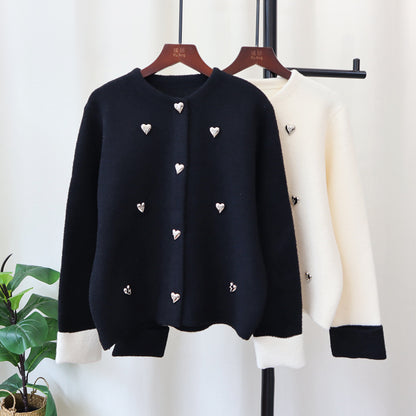 Love Contrast Color Design Knitted Double-faced Woolen Goods Cardigan