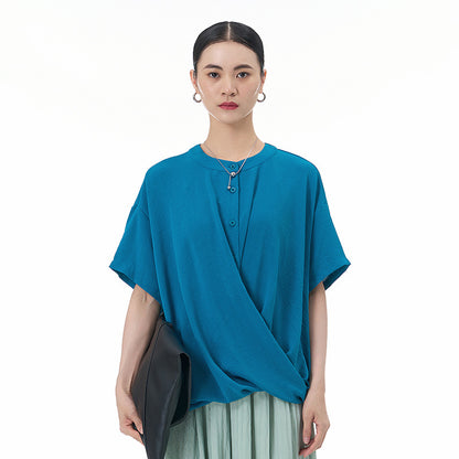 Loose Slimming Collar Decorated With Buttons Short Sleeve