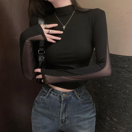 Spring And Autumn American Hot Girl Chic Mesh Short Stitching Long Sleeve