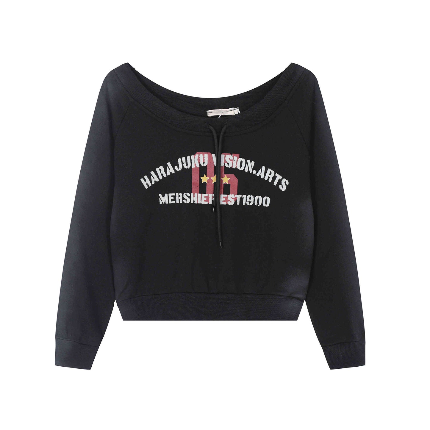 Retro Shoulder Drawstring Letter Printed Crew Neck Sweatshirt Women's Top