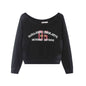 Retro Shoulder Drawstring Letter Printed Crew Neck Sweatshirt Women's Top