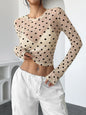 Design Sense See-through Dot Slim Mesh Round Neck Long Sleeve T-shirt