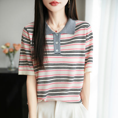 Worsted Wool Lapel Knitwear Short Sleeve