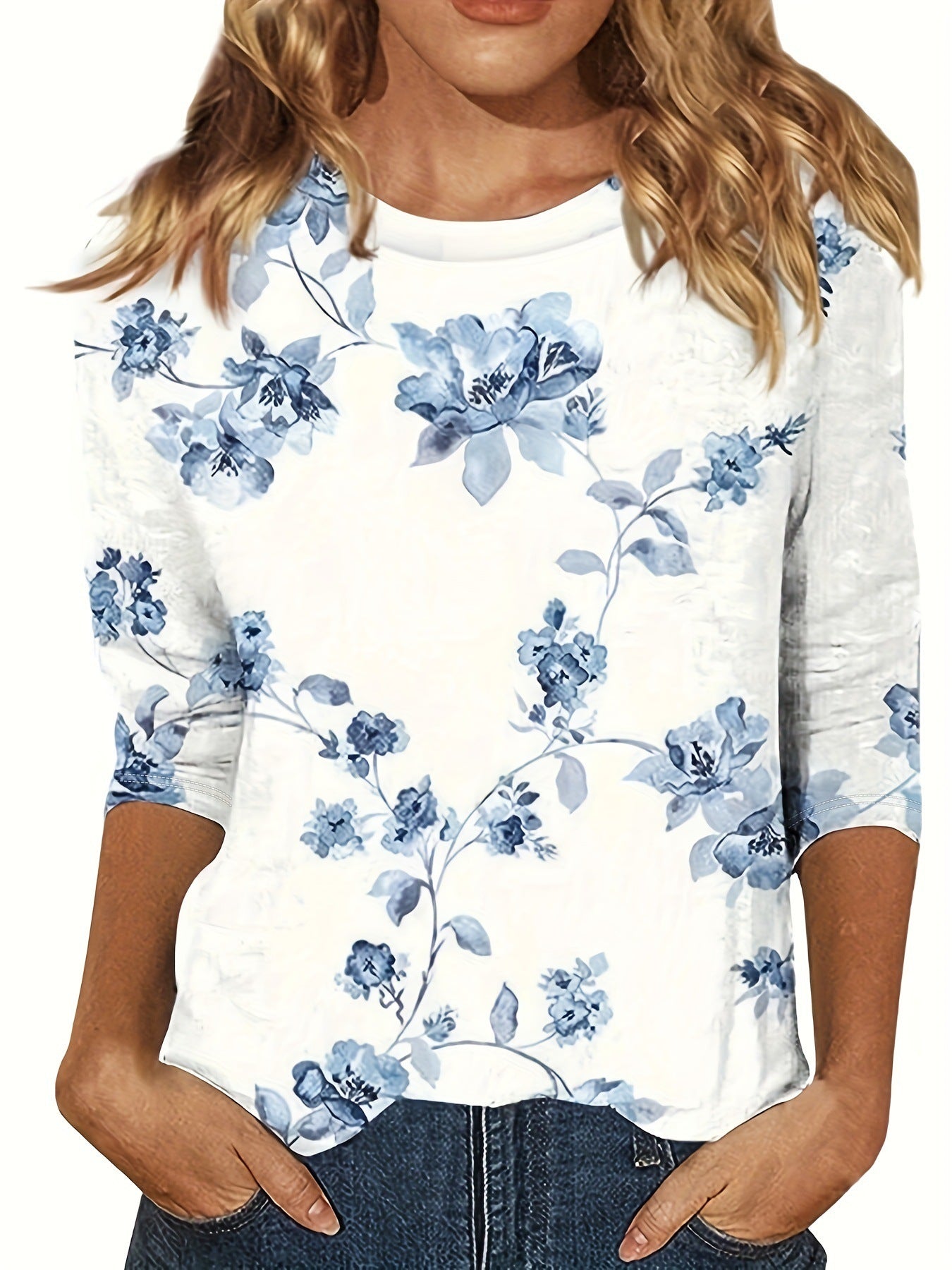 European And American Flower Plant Printed Round Neck Long Sleeve