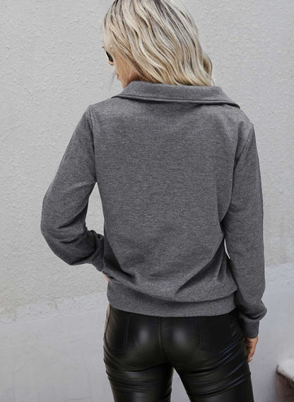 Women's Solid Color Zipper Half Placket Long Sleeve Casual Sweatshirt