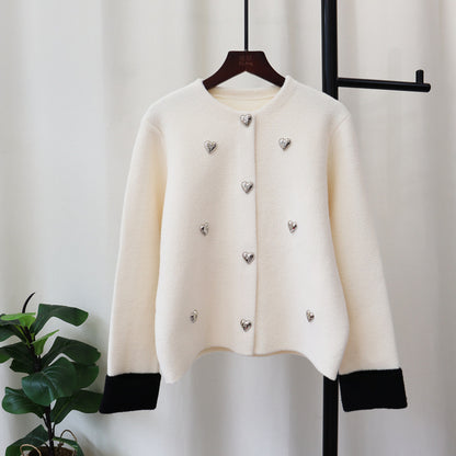 Love Contrast Color Design Knitted Double-faced Woolen Goods Cardigan