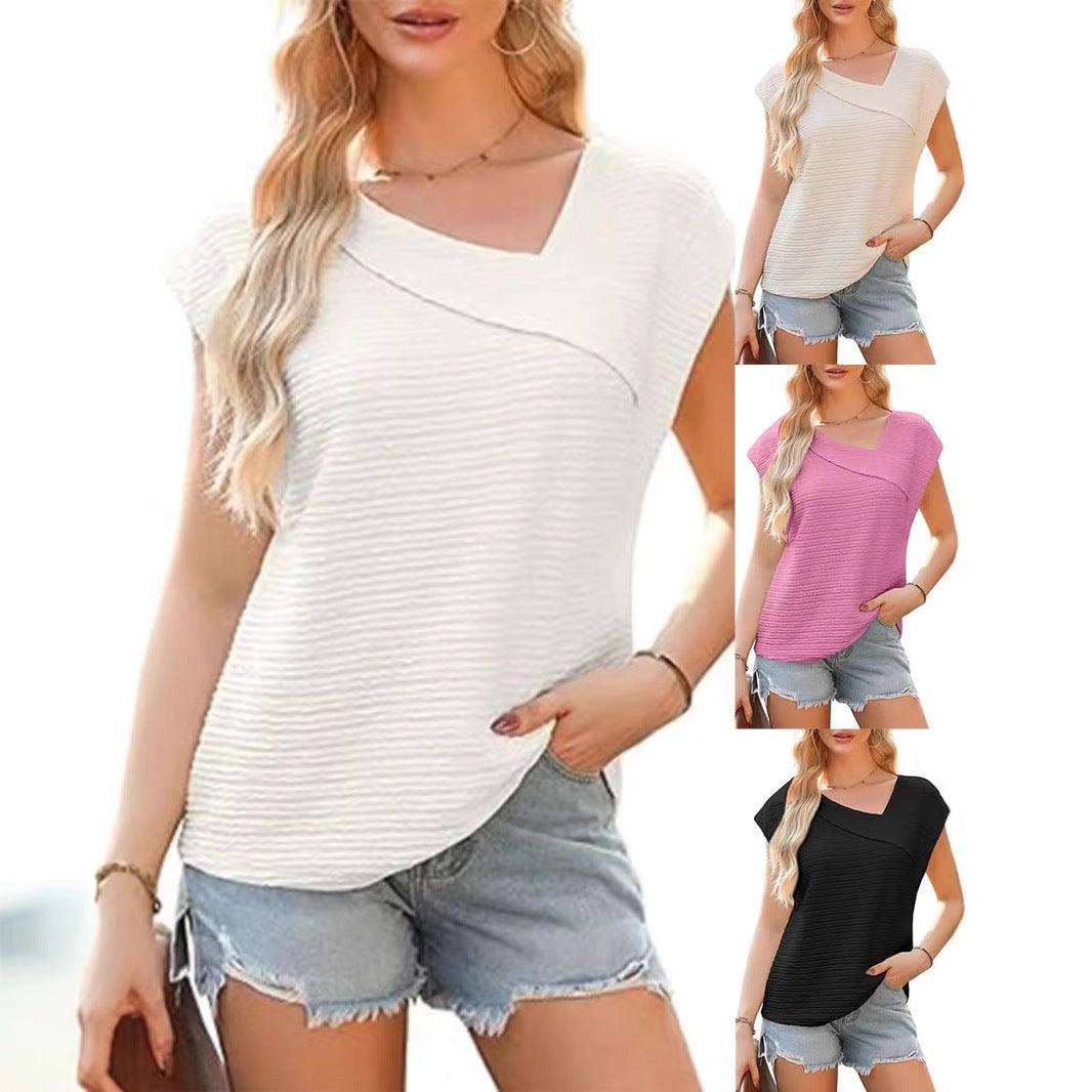 Summer Diagonal Collar Fashion Casual Short-sleeved Fashion T-shirt For Women