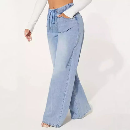 High Waist Drawstring Loose Wide Leg Light Blue Jeans