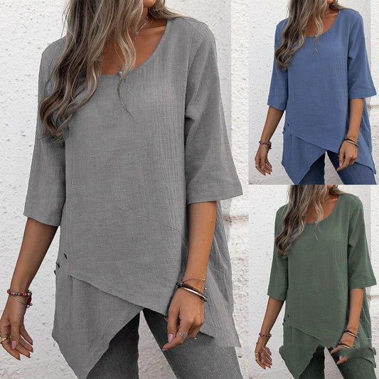 Cotton Linen Round-neck Irregular Shirt Half Sleeve Shirt