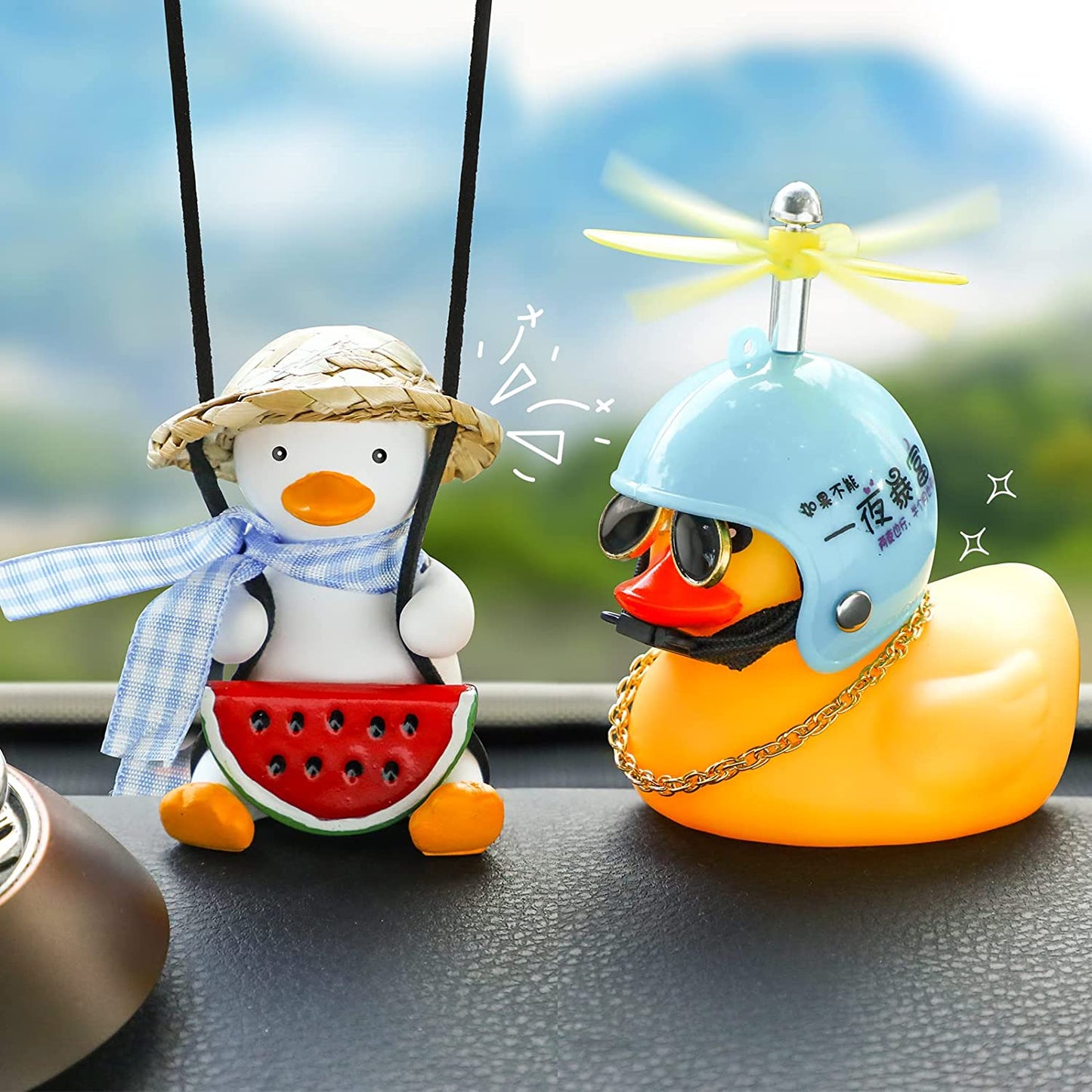 2 Pieces Swinging Duck Car Hanging Ornament Rubber Car Duck Car Ornament with Propeller Helmet Swing Duck Car Rear View Mirror Pendant Yellow Duck Car Dashboard for Car Decor(Chic Style)