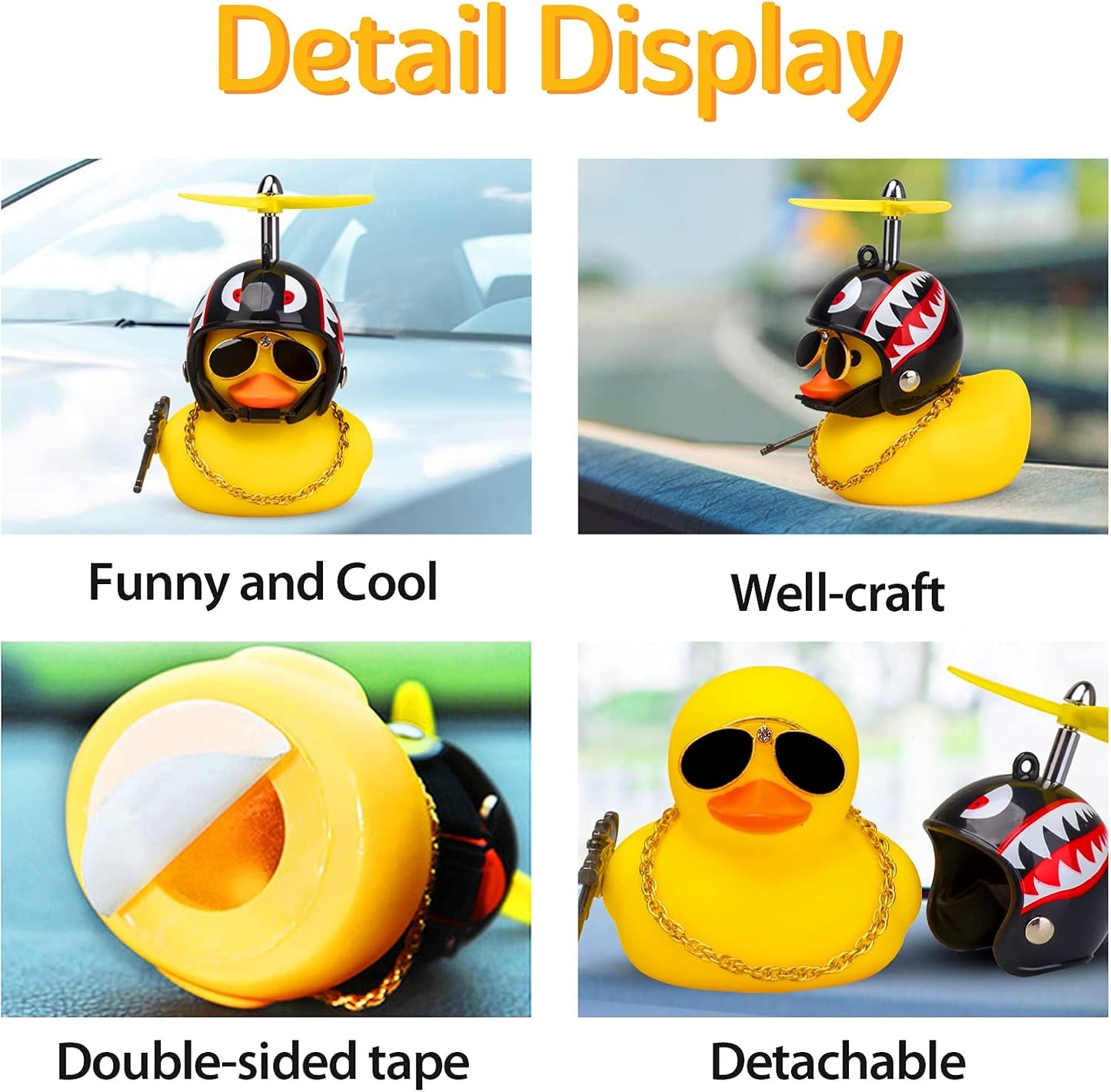 Rubber Yellow Duck Car Ornaments Cool Duck Car Dashboard Decorations with Propeller Helmet Sunglasses (Shark-Yellow G)