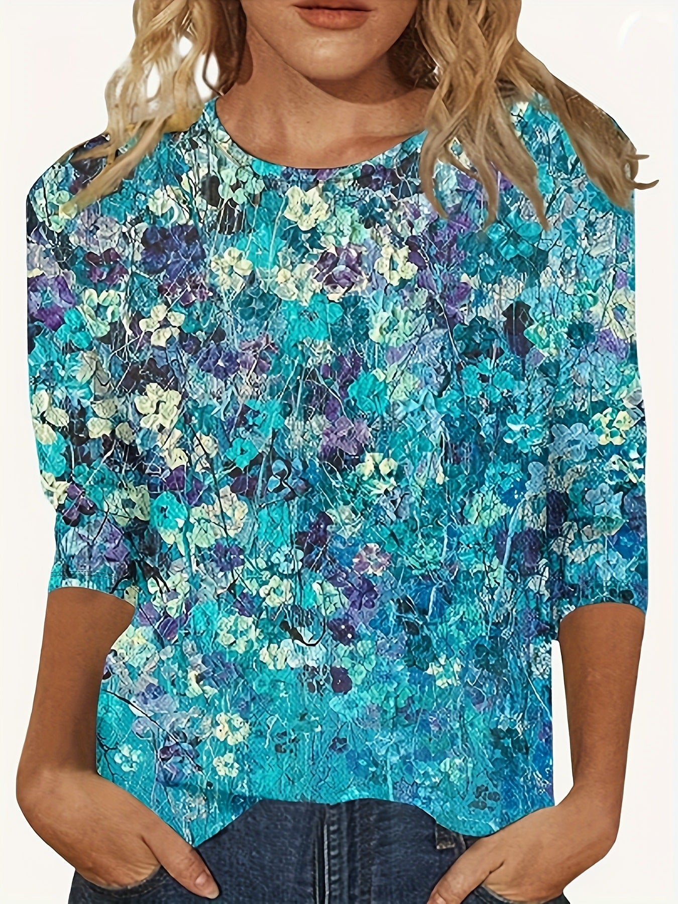 European And American Flower Plant Printed Round Neck Long Sleeve