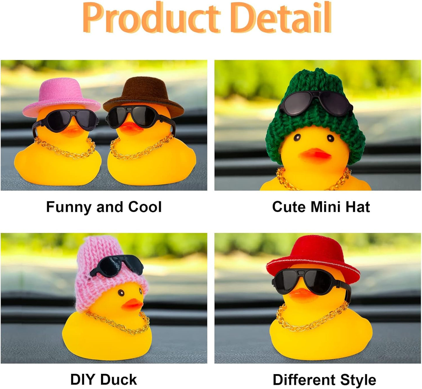 Winter Duck Car Ornament, Rubber Duck Car Decoration Accessories with Mini Hat, Sunglasses, Necklace and Skateboard