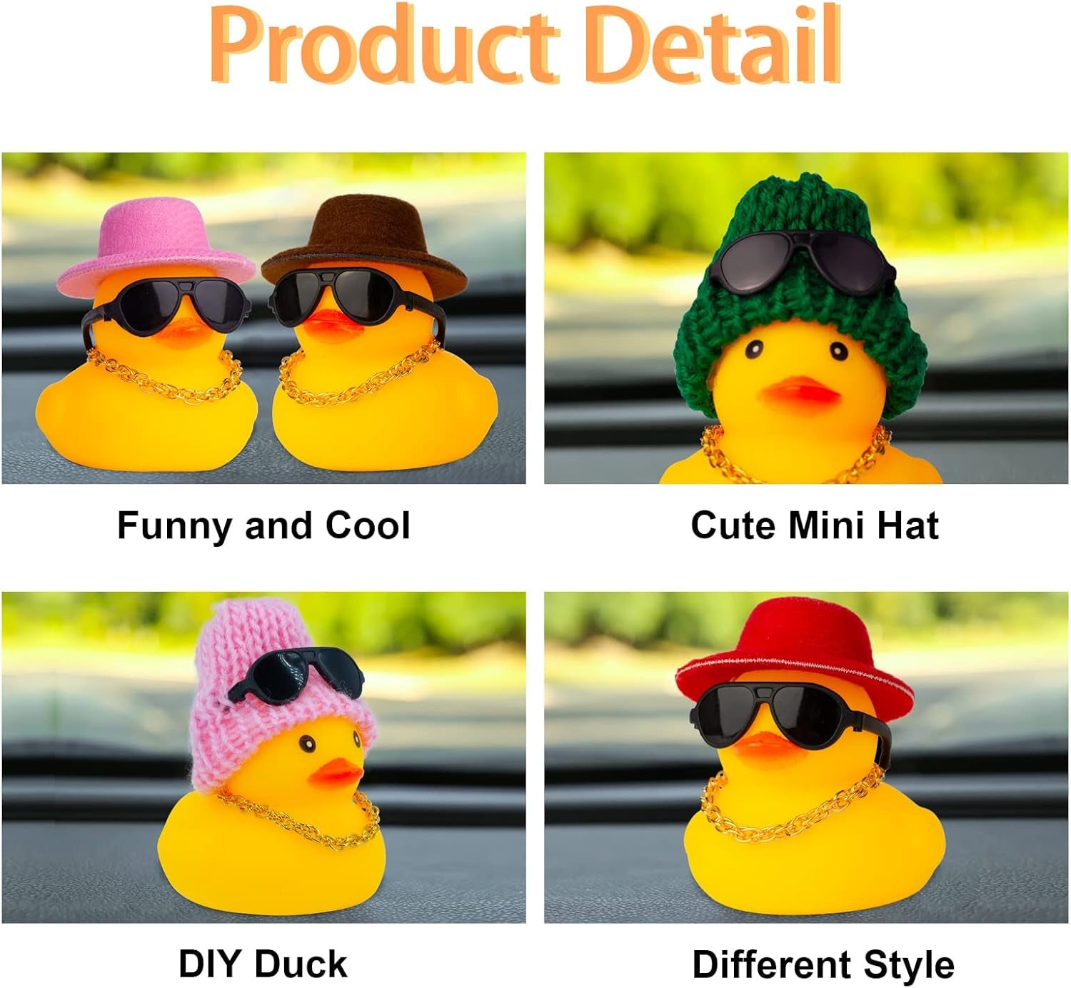 Winter Duck Car Ornament, Rubber Duck Car Decoration Accessories with Mini Hat, Sunglasses, Necklace and Skateboard