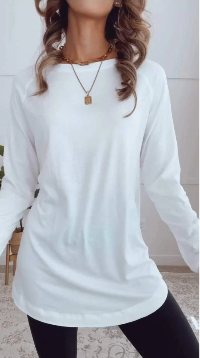 New Versatile Women's Long Sleeved T-shirt Solid Color Round Neck Casual Top