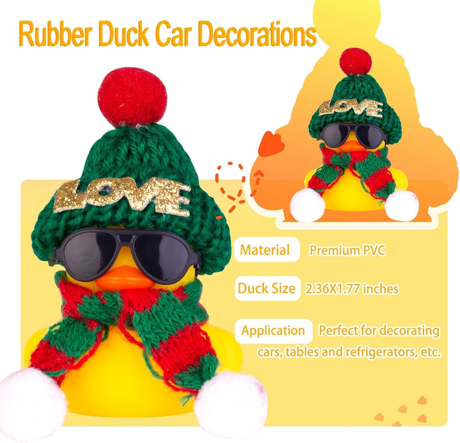 Car Rubber Duck, Cute Winter Duck Car Dashboard Decorations for Car Ornaments Accessories with Mini Hat, Sunglasses, and Scarf(B1)