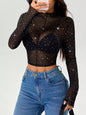 Stand-up Collar Long-sleeved Mesh Transparent Sequined Decorative T-shirt Top