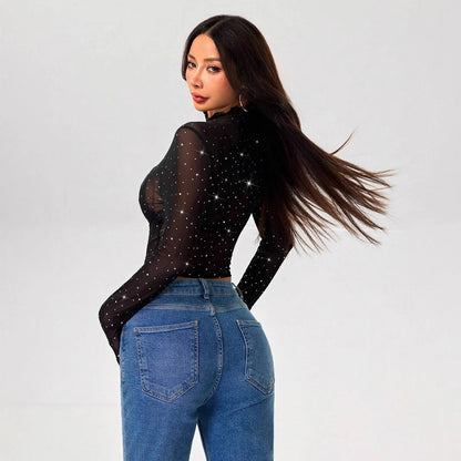 Stand-up Collar Long-sleeved Mesh Transparent Sequined Decorative T-shirt Top