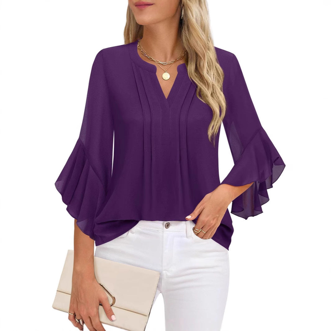 Women's Three-quarters Sleeve Tops Dressy Casual Business Work Blouses Chiffon Office Shirts