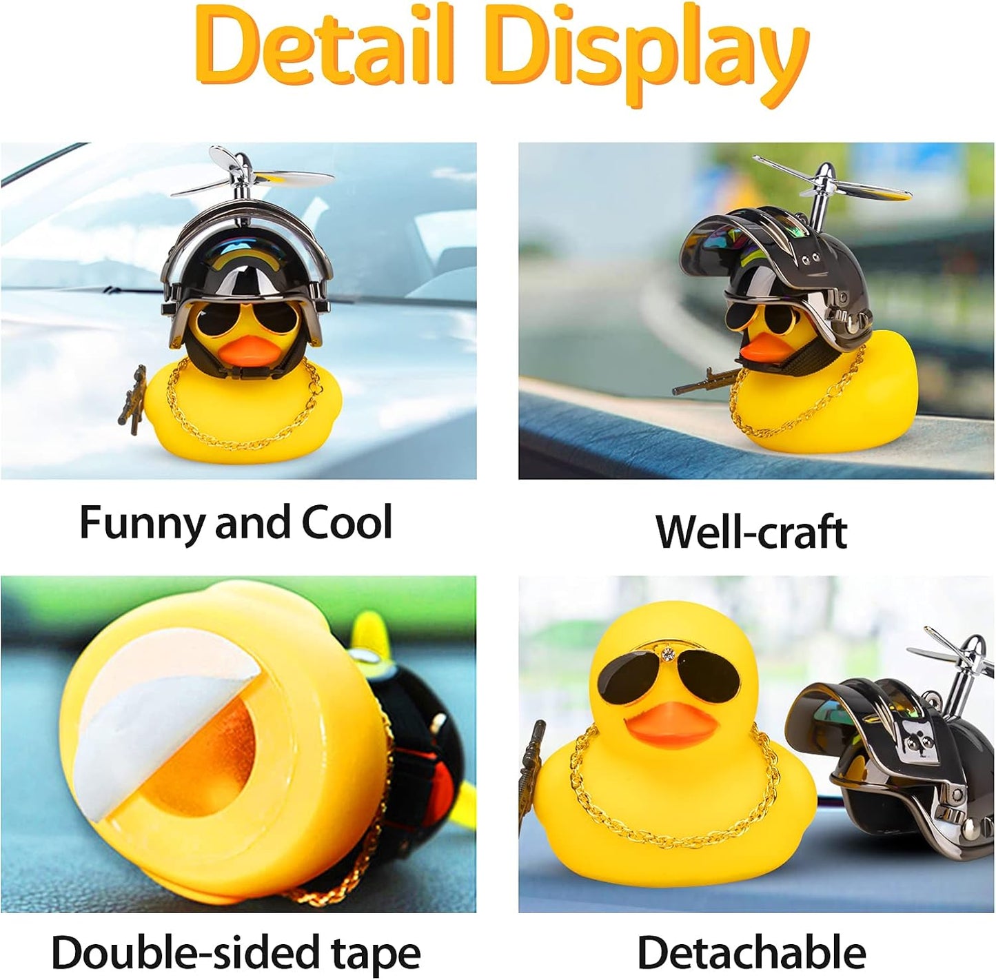 Rubber Yellow Duck Car Ornaments Cool Duck Car Dashboard Decorations with Propeller Helmet Sunglasses (Brilliant Black-Yellow G)