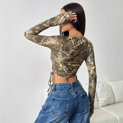 Mesh Branch Printing Side Drawstring Fitted Short T-shirt