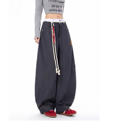 Same Retro Waist Strap Stitching Double Waist Machete Jeans