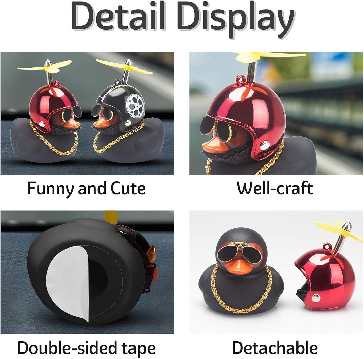 Rubber Duck Car Decorations Black Duck Car Dashboard Ornaments with Propeller Helmet (Black-Brilliant Red)