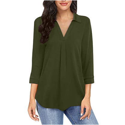 Ladies' Solid Color V-neck Seven Quarter Sleeved Shirt Top With Elegant Chiffon Stitching