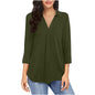 Ladies' Solid Color V-neck Seven Quarter Sleeved Shirt Top With Elegant Chiffon Stitching