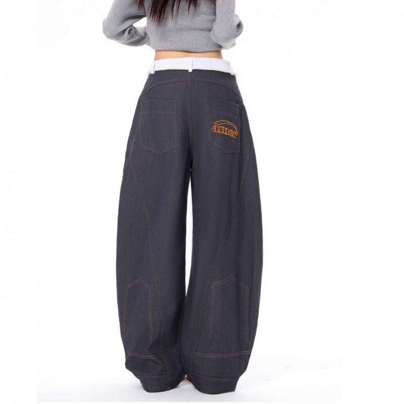 Same Retro Waist Strap Stitching Double Waist Machete Jeans