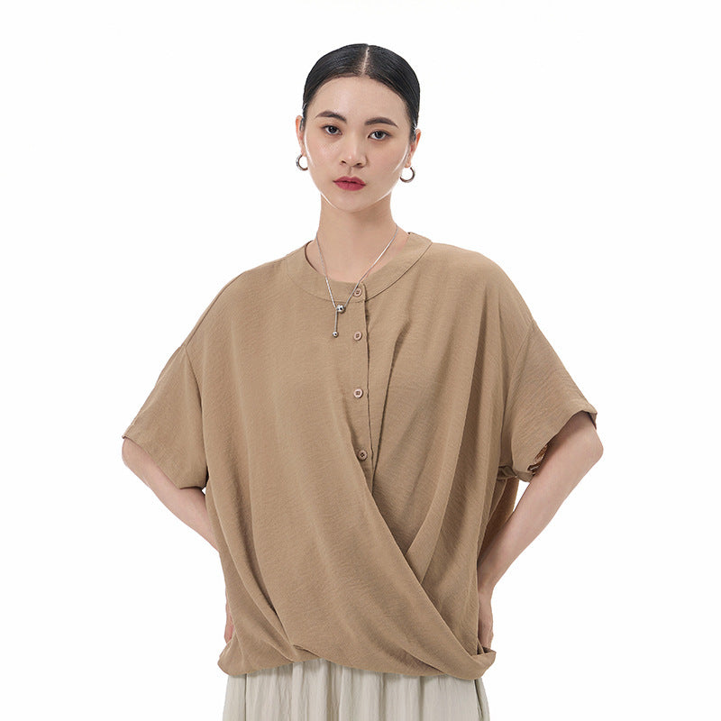 Loose Slimming Collar Decorated With Buttons Short Sleeve