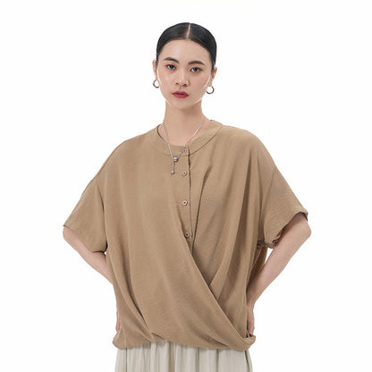 Loose Slimming Collar Decorated With Buttons Short Sleeve