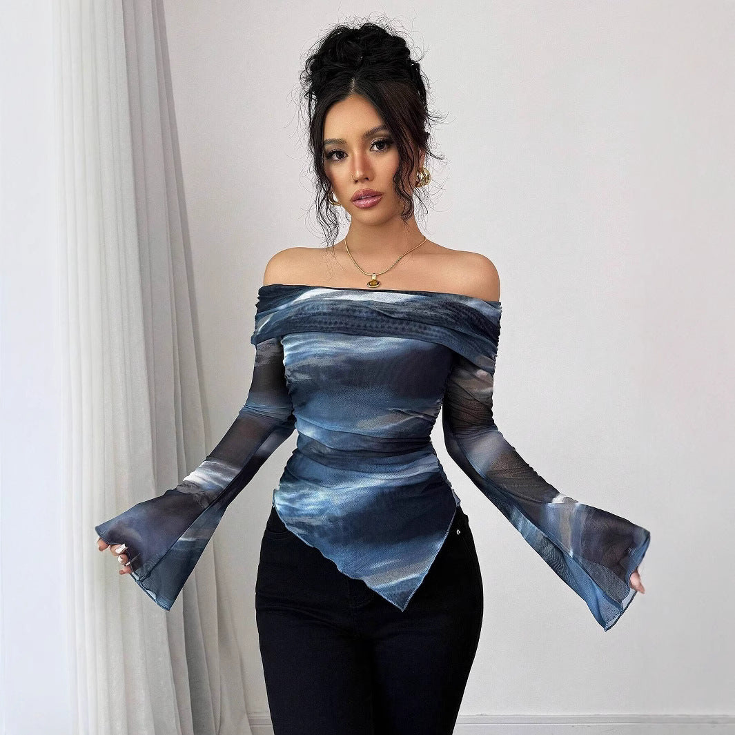 Knitted Mesh Printed Off-shoulder Collar Long Sleeved Fitted T-shirt