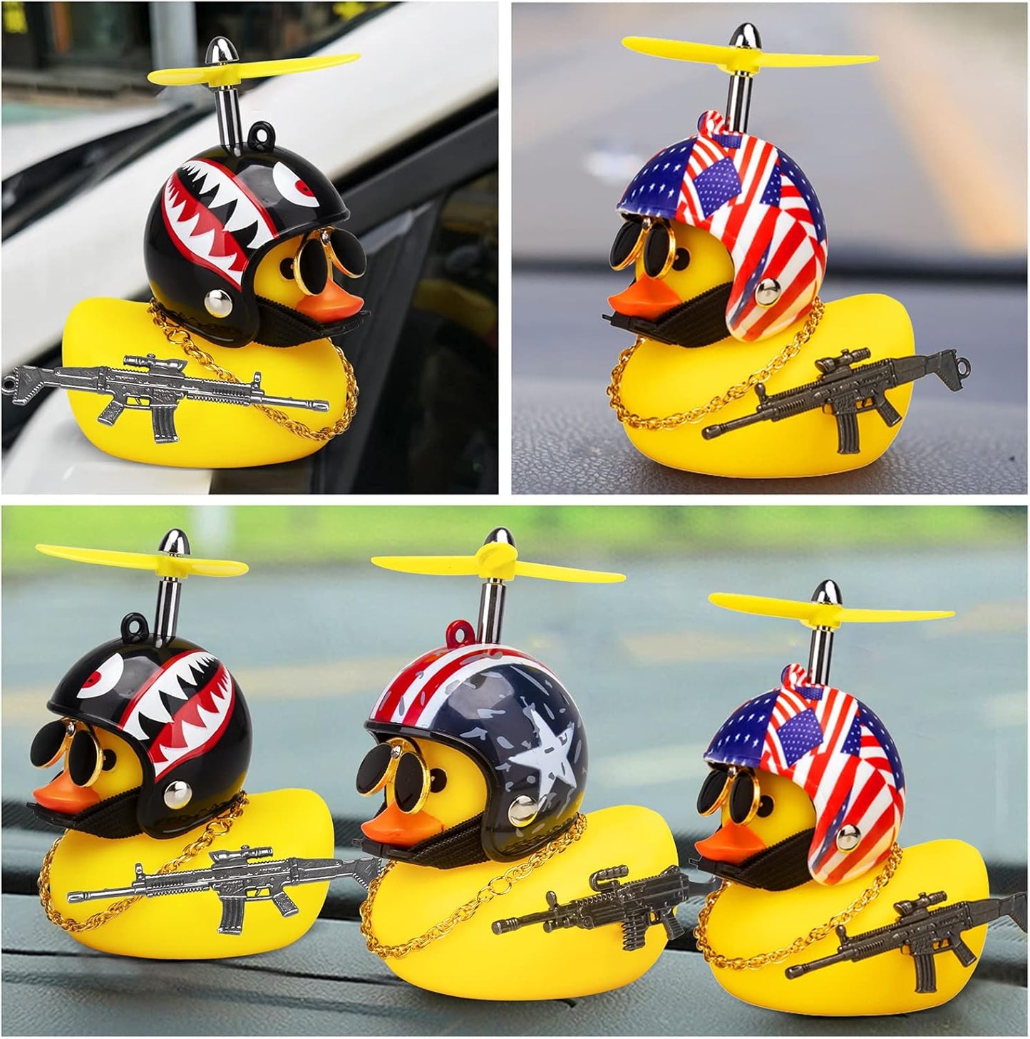 3 Pack Car Rubber Duck Cute Yellow Wind-Breaking Ducks Dashboard Decorations Small Ornaments with Propellers Glasses Gold Chain (Yellow-Stars and Stripes&Flag&Shark)