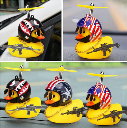 3 Pack Car Rubber Duck Cute Yellow Wind-Breaking Ducks Dashboard Decorations Small Ornaments with Propellers Glasses Gold Chain (Yellow-Stars and Stripes&Flag&Shark)