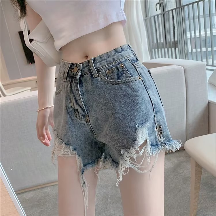 Micro Elastic High Waist Slimming Holes Frayed Vintage Denim Shorts
