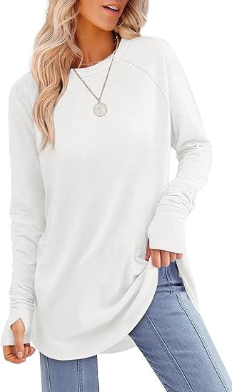 Women's Round Neck Solid Color Refers To Long Sleeved Top Loose Mid Length T-shirt