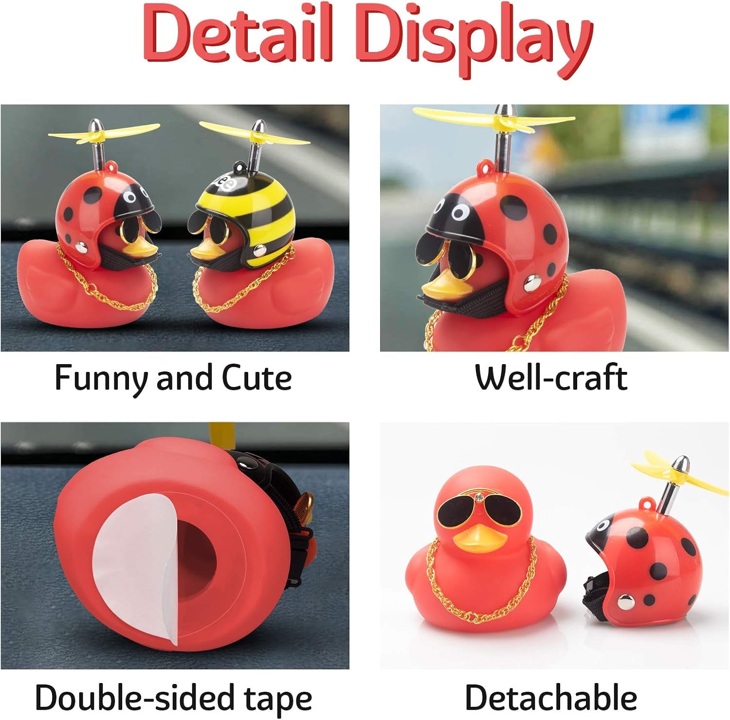 Rubber Duck Car Decoration Ornaments Duck Car Dashboard Decorations Cool Glasses Duck with Propeller Helmet (R-Beatle-Red)