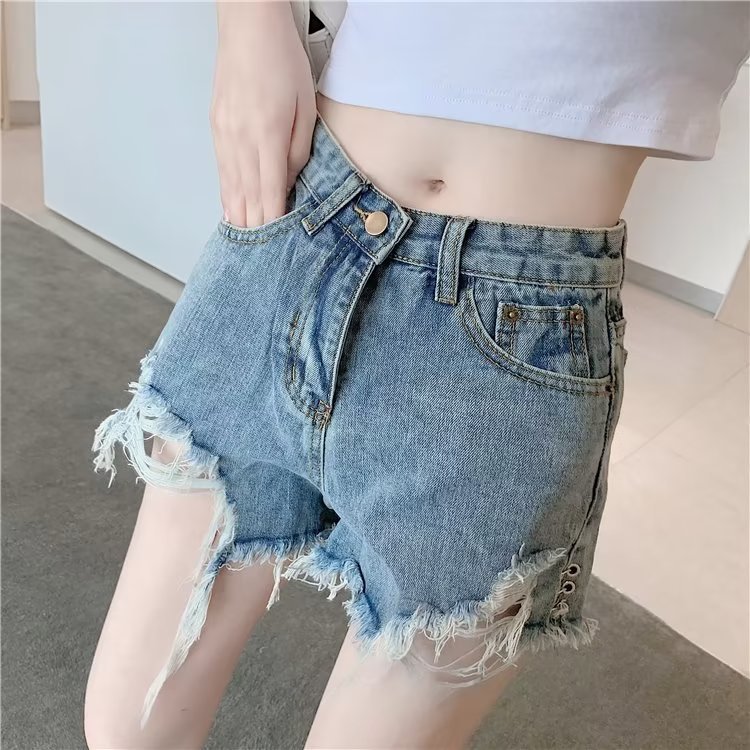 Micro Elastic High Waist Slimming Holes Frayed Vintage Denim Shorts