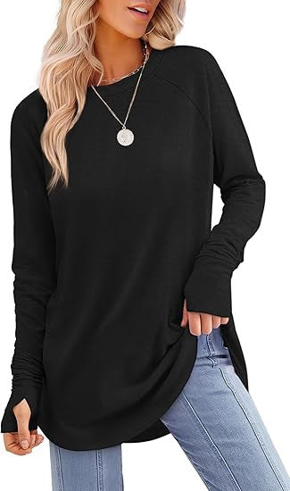 Women's Round Neck Solid Color Refers To Long Sleeved Top Loose Mid Length T-shirt