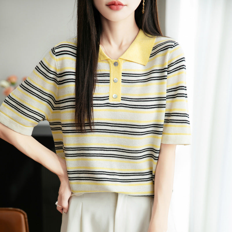 Worsted Wool Lapel Knitwear Short Sleeve