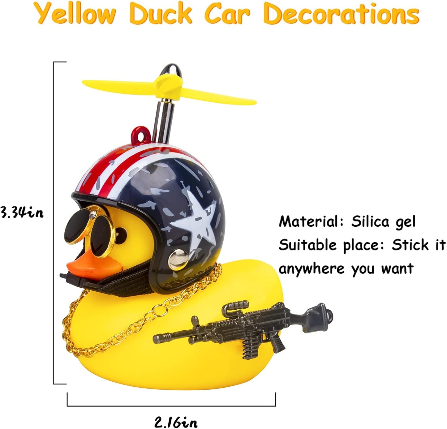 3 Pack Car Rubber Duck Cute Yellow Wind-Breaking Ducks Dashboard Decorations Small Ornaments with Propellers Glasses Gold Chain (Yellow-Stars and Stripes&Flag&Shark)