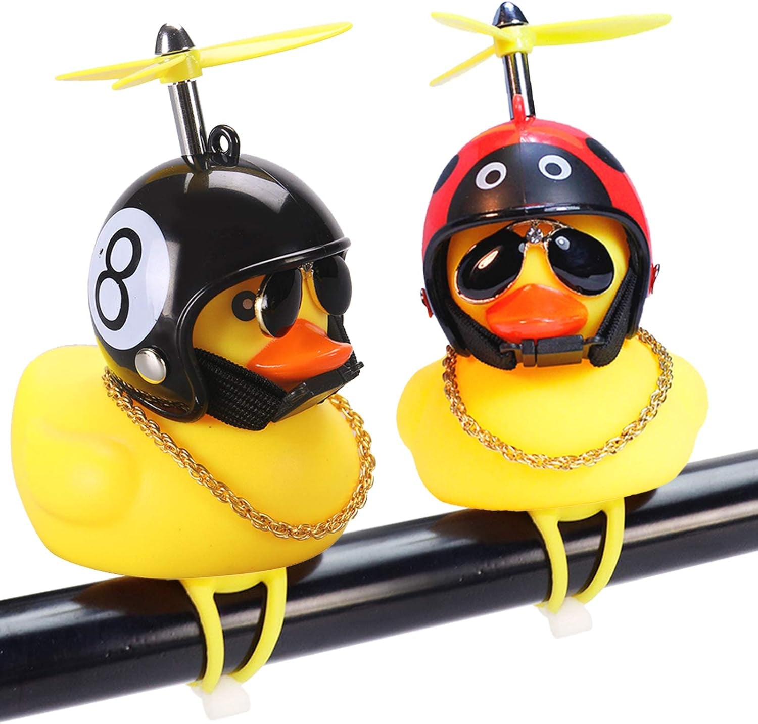 Rubber Duck Car Ornaments, 2Pcs Yellow Duck Car Dashboard Decorations Squeeze Duck Bicycle Horns with Propeller Helmet